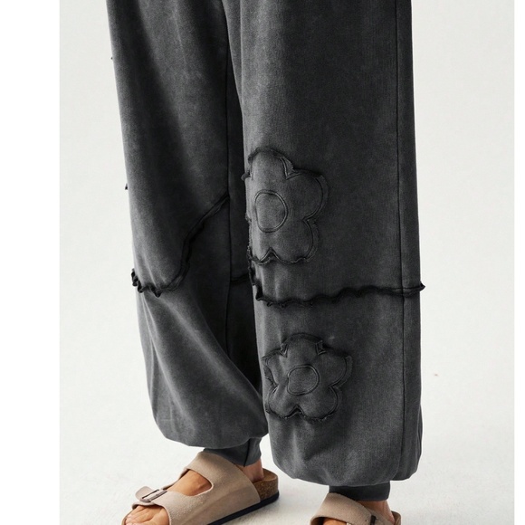 Boho Cotton Black Flower Patch Stretchy Waist Joggers Pants - Picture 5 of 6